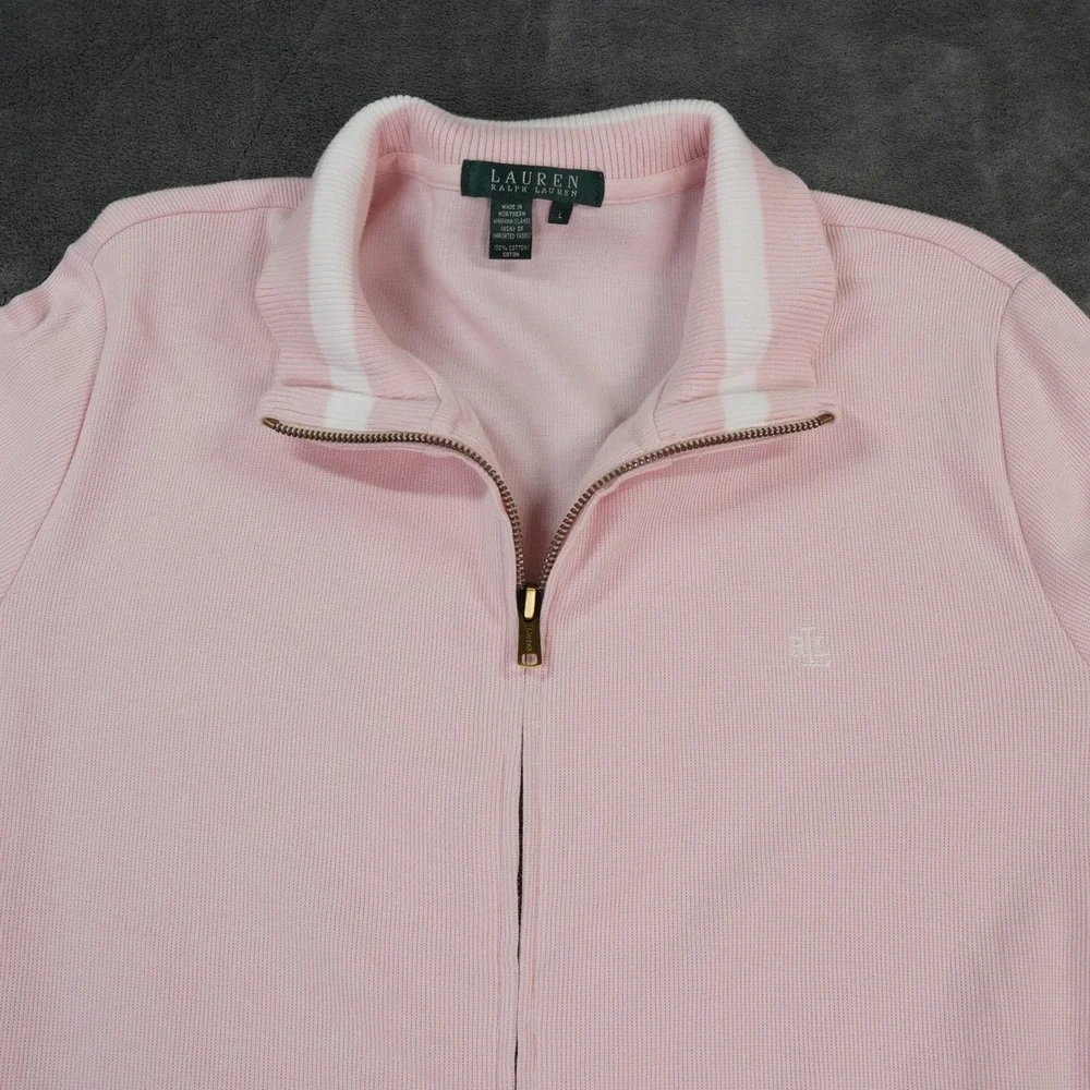 Lauren Ralph Lauren Women's Pink Zip Tennis Club Jacket Sweater L Cotton RL Logo